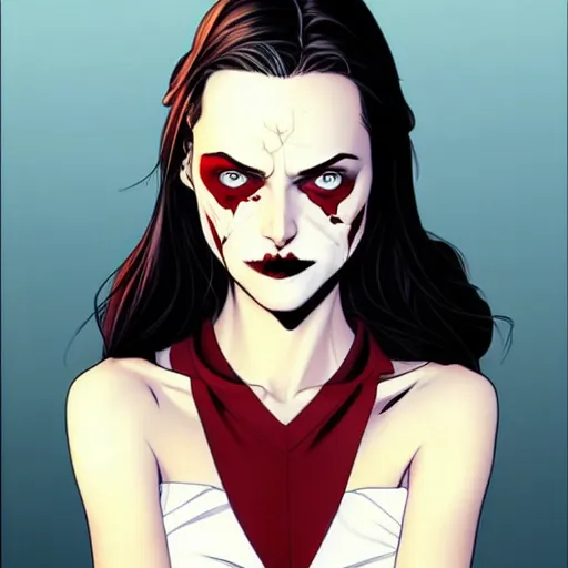 Image similar to Rafeal Albuquerque comic art, Joshua Middleton comic art, pretty female Phoebe Tonkin, vampire, fully red eyes no pupils, sharp vampire teeth, evil smile, horror, symmetrical face, symmetrical eyes, pretty white dress, short black hair, full body:: snow outside::