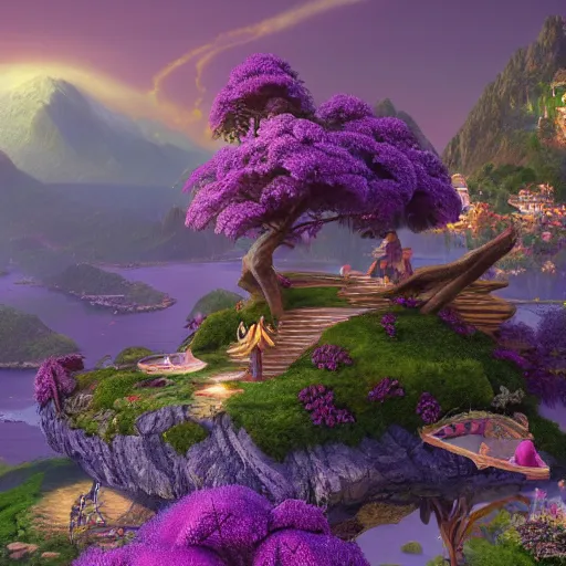 Prompt: a giant purple fairy on a fantasy island, with mountains in background, by thomas kinkade, tyler edlin and disney. unreal engine, 8 k resolution, artstation