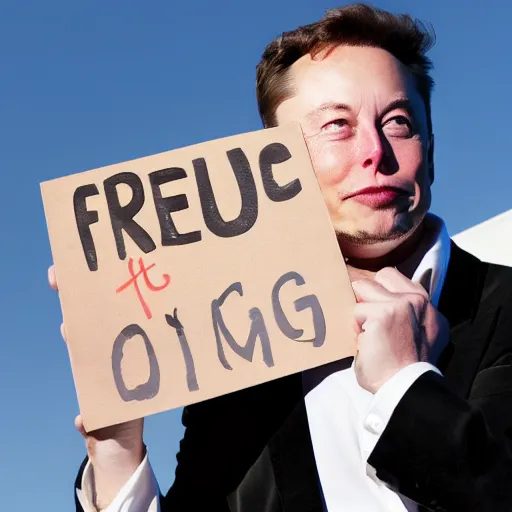 Prompt: Elon Musk holding a sign saying Free Hotdogs, highly detailed, high quality, HD, 4k, 8k, Canon 300mm, professional photographer, 40mp, lifelike, top-rated, award winning, realistic, sharp, no blur, edited, corrected, trending