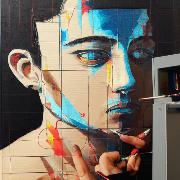 Image similar to robot artist painting a self - portrait on a canvas. intricate, highly detailed, photorealistic, film still, by alexandros pyromallis, sachin teng, hans thoma.