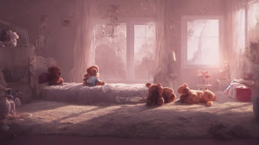Prompt: a Photorealistic hyperrealistic render of an interior of a beautifully decorated spoiled child's beautiful bedroom with a giant teddy bear sitting on the floor by PIXAR,Greg Rutkowski,WLOP,Artgerm,dramatic moody sunset lighting,long shadows,Volumetric, cinematic atmosphere, Octane Render,Artstation,8k