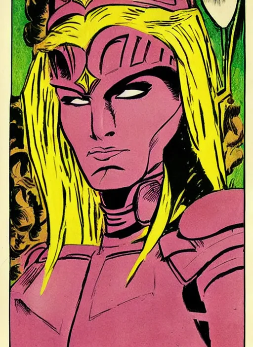 Image similar to head and shoulders portrait of a female knight. well composed, clean elegant painting, beautiful detailed face. comic book art by steve ditko and jack kirby