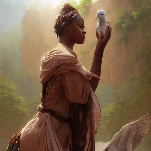 Image similar to artstation concept of a beautiful girl holding a dove, brown skin, sweaty skin, symmetrical face, casual white garment, brown canyon background, shiny colorful, hyperdetailed, artstation trending, world renowned artists, worth1000.com, historic artworks society, antique renewal, cgsociety, by greg rutkowski, by Alfons Maria Mucha, Deviantart