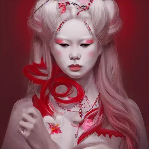 Prompt: albino maiko long hair, jewelry, sakura flower, red and white neon, concept art, intricate details, highly professionally detailed, cgsociety, highly detailed -