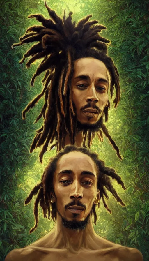 Prompt: impressive cottagecore bob marley , black rasta Hair, cannabis plants background, intricate, elegant, highly detailed, digital painting, artstation, concept art, smooth, sharp, focus, illustration, art by artgerm and greg rutkowski and alphonse mucha