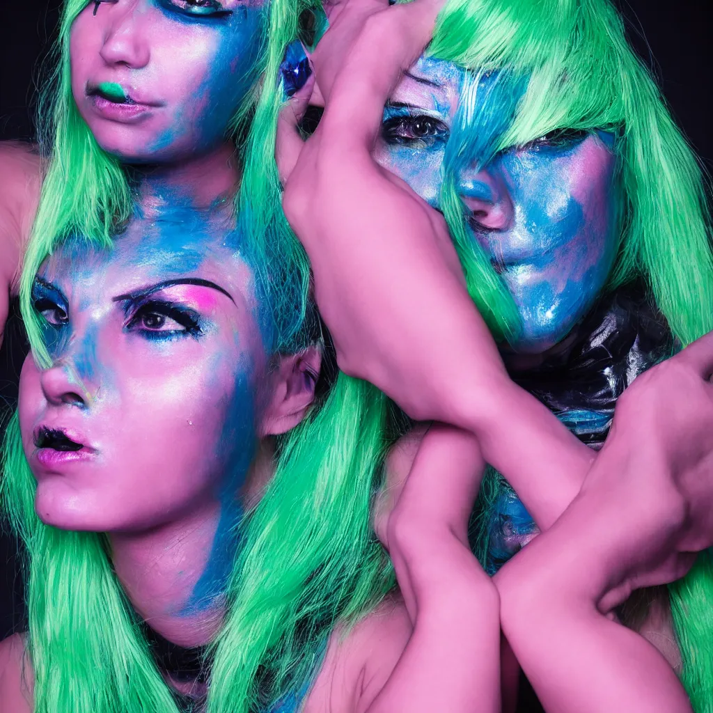 Prompt: Portrait of cyberpunk woman, blue lipstick, fluorescent pink face paint, bright green hair, metallic cyan bodysuit