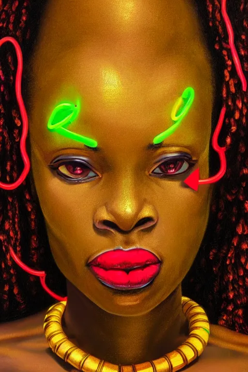 Prompt: detailed portrait of a beautiful African female with face augmentations, strong neon lighting, Afrofuturism, extravagant mechanical gold jewelry, by glenn fabry, hyper realistic, HD, oil on canvas