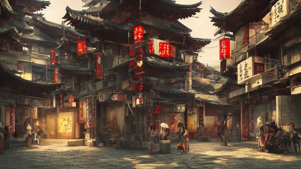 Prompt: immersed in oriental, cyberpunk, japanese village, octane render, fantasy,, hyperrealistic, highly detailed, 4 k hd