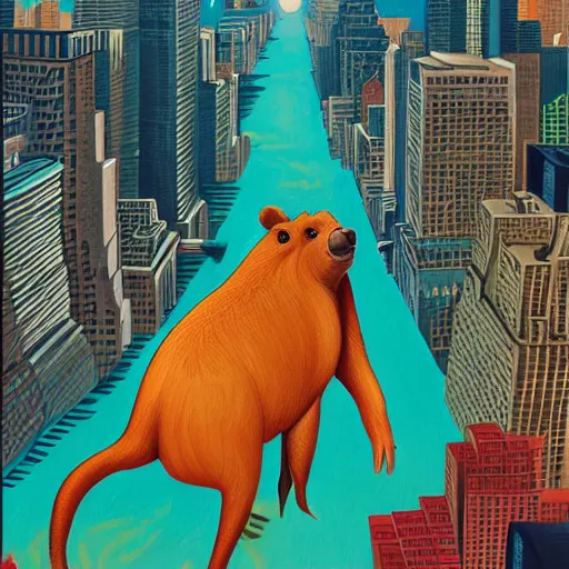 Image similar to a detailed painting of a capybara in a cape flying above new york by casey weldon, new contemporary art, comic book illustration