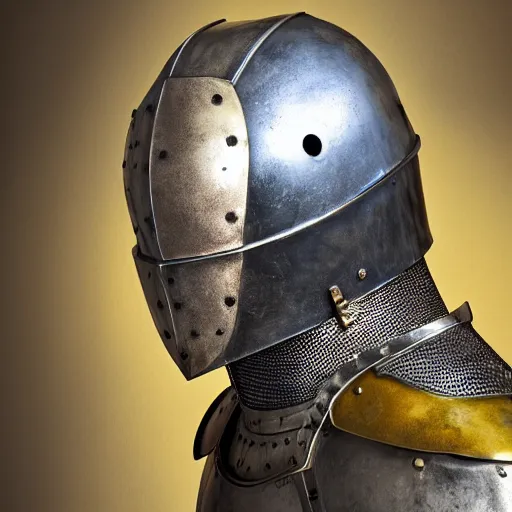 Image similar to portrait of a man as a knight in armour wearing an open helmet, studio lighting, dark textured background, photo realistic style, multiple lights, yellow ocre tint dominant, blue backlight, grunge and destructured after battle, scratches, marks on iron