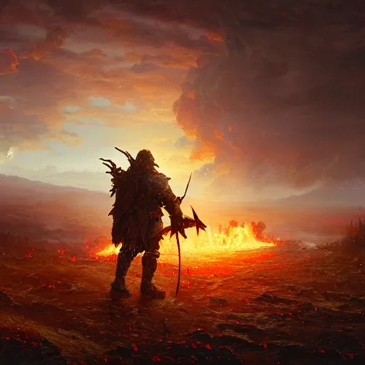 Prompt: masterpiece a lone knight in a wartorn field facing off against a great fire giant, by Greg Rutkowski Thomas Kincade, detailed, 4k, cinematic, intense, gritty