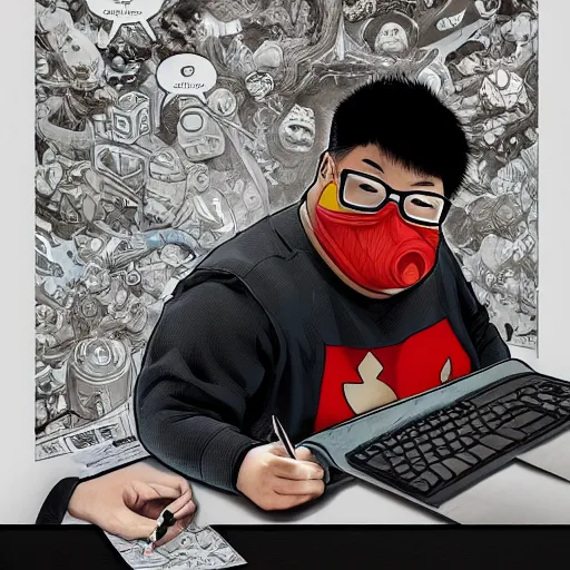 Prompt: an insanely detailed painting of a chubby and nerdy asian man wearing a homemade superhero costume and mask, sitting at a computer desk typing on the keyboard, in the style of peter mohrbacher, dramatic lighting and composition, trending on artstation, concept art, comic book, graphic novel, back view