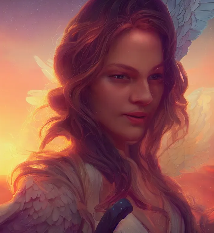 Image similar to centered waist up portrait photography an angel + glowing outlines, bokeh + DOF + 8k, photorealistic + rendered in unreal engine + composition by Peter Mohrbacher + line work by Dan Mumford , ultra realistic + backlit + strong rimlight, sunset + HDRI, HD, Photoreal