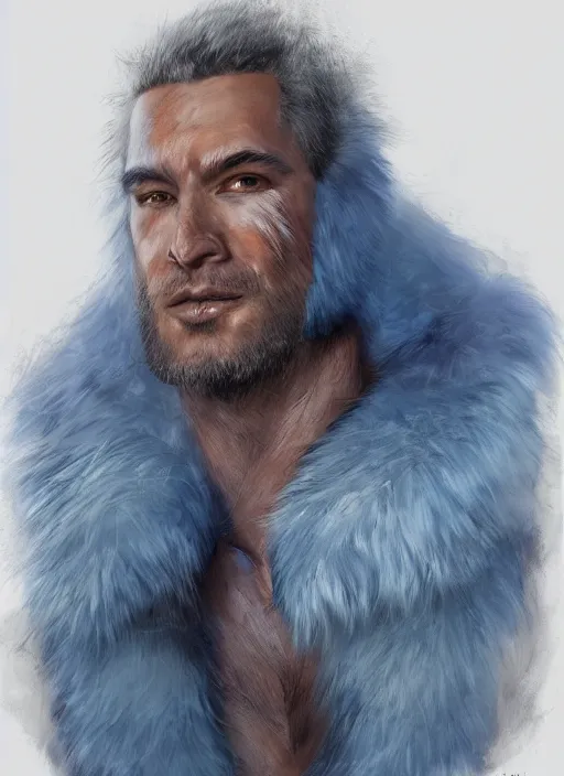 Prompt: portrait of a blue-skinned man wearing a fur coat, illustration, fantasy, by artgerm and Craig Mullins, James Jean, Andrey Ryabovichev, Mark Simonetti and Peter Morbacher 16k, trending on ArtStation, masterpiece