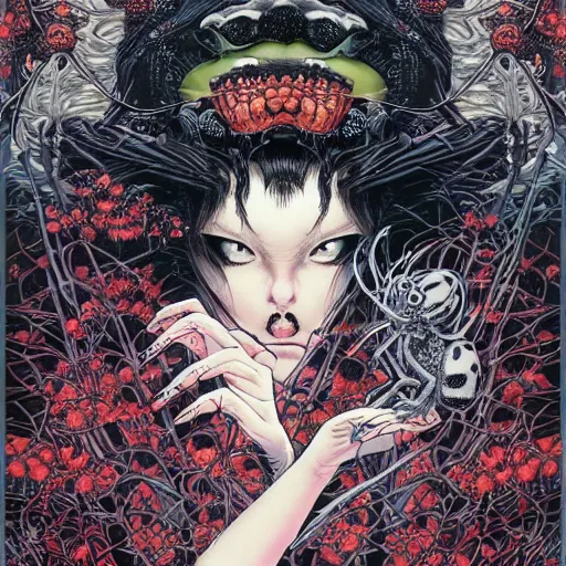 Image similar to portrait of crazy dark girl with spiders around, symmetrical, by yoichi hatakenaka, masamune shirow, josan gonzales and dan mumford, ayami kojima, takato yamamoto, barclay shaw, karol bak, yukito kishiro