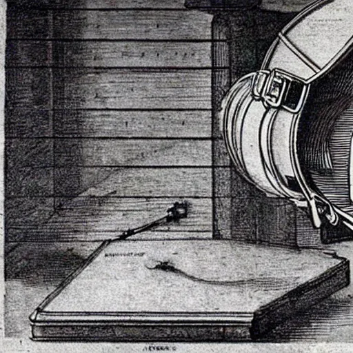 Prompt: Vintage, detailed, sketch of Oculus Rift, with full descriptions, on parchment. Taken from Leonardo da Vinci's Codex Atlanticus