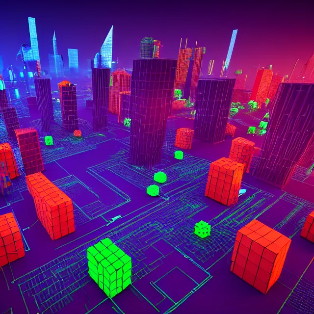 Prompt: 3 d render of glowing futuristic voxel blocks tied together with chains, cubes connected with wires, in the distance a cyberpunk blockchain city is seen, blockchain, symmetry, painted, intricate, volumetric lighting, beautiful, rich deep colors masterpiece, sharp focus, ultra detailed, in the style of dan mumford and marc simonetti