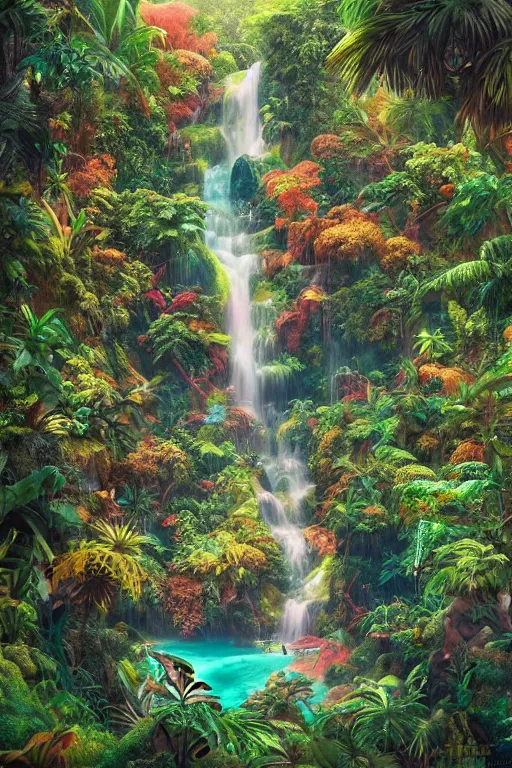 Image similar to aerial view of a colorful jungle with rivers and waterfalls, by artgerm, tom bagshaw, gerald brom, vaporwave colors, lo - fi colors, vaporwave, lo - fi, moody vibe, goth vibe, full body, rendered by substance designer, cel shading, toon shading, smooth,