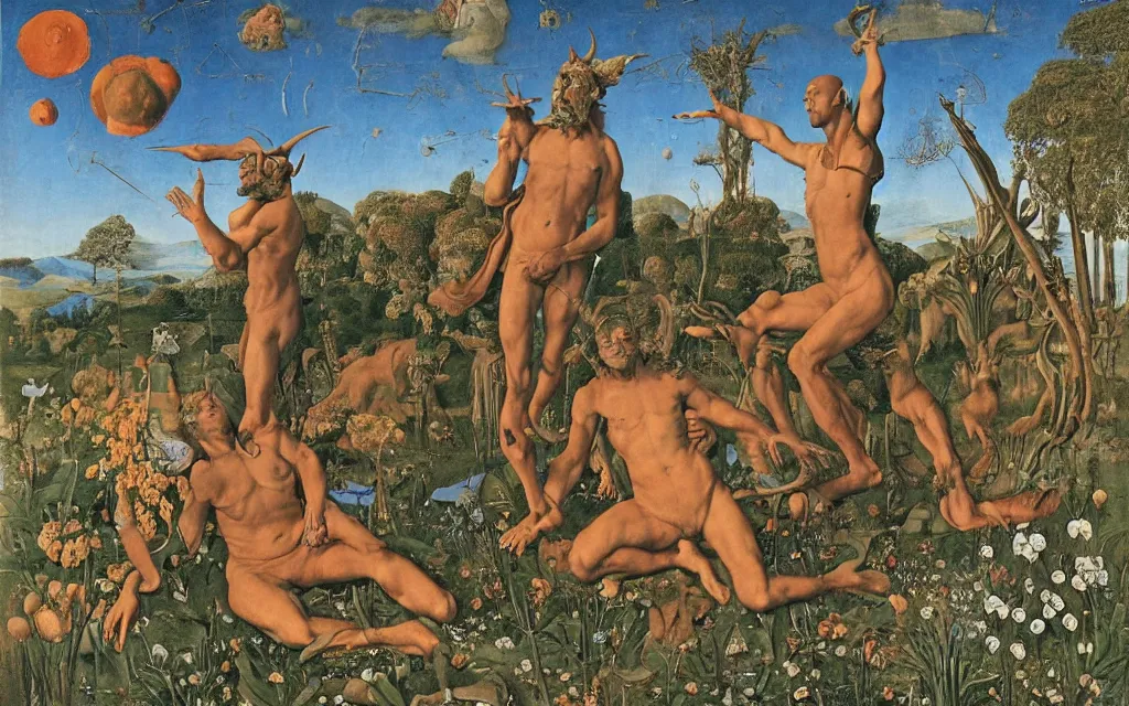 Image similar to a portrait photograph of a meditating satyr and a centaur monk riding a rocket machine and hunting at a river delta. surrounded by bulbous flowers and trees. mountain range under a blue sky of fiery stars. by jan van eyck, max ernst, ernst haeckel, ernst fuchs and artgerm, cgsociety, fashion editorial, 8 k