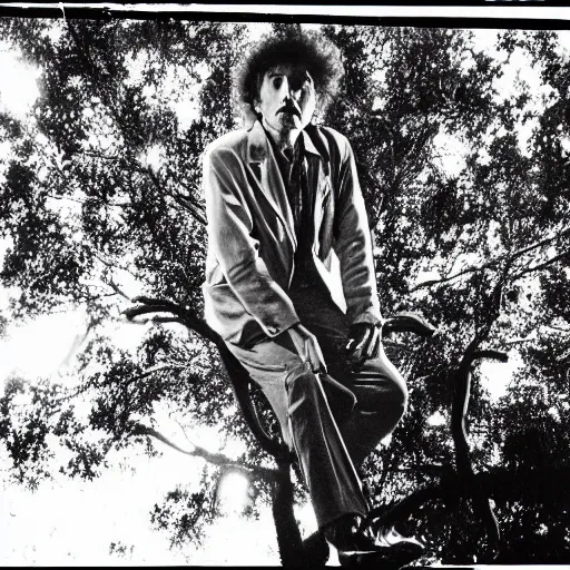 Prompt: bob dylan perched up on a tree branch at night 2 0 meters in the distance, flash photography