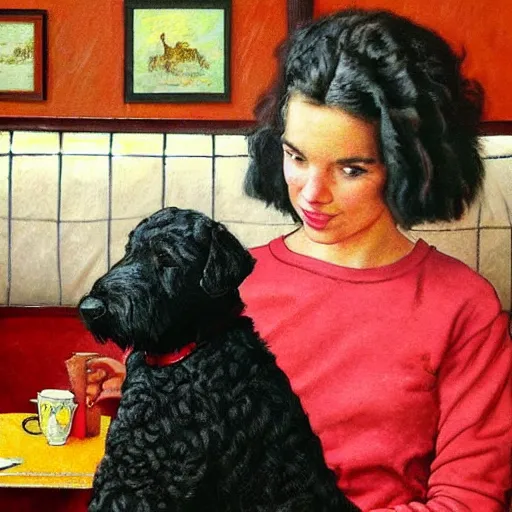 Image similar to Black Goldendoodle with a bright face and a puppy sitting at a diner drinking a cup of coffee, looking melancholy, Norman Rockwell style