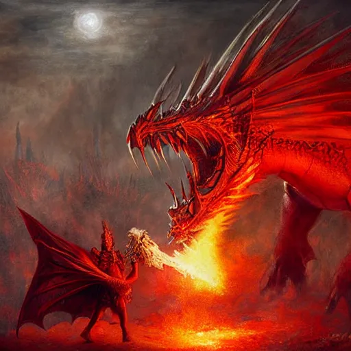 Image similar to epic fantasy painting of red dragon breathing fire towards knight, by john avon, by seb mckinnon, high detail, fantasy battle, by christopher rush