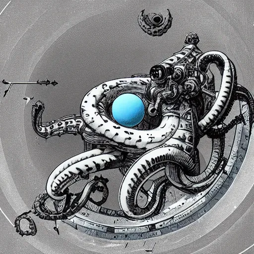 Image similar to a biomechanical space kraken eating one of the moons of Jupiter