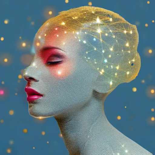 Prompt: portrait of a beautiful futuristic woman layered with high-tech jewelry wrapping around her face and head, golden-silver light with tiny blue, gold, and red gems scattered like dust, and a white lace background