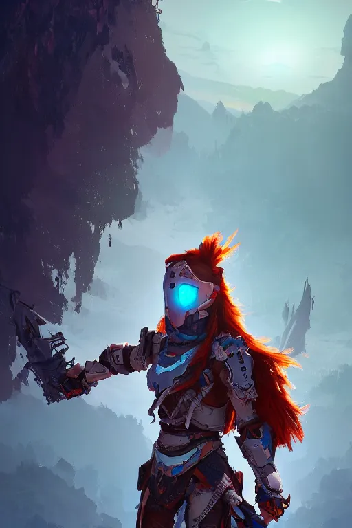 Image similar to combination suit armor aloy horizon forbidden west horizon zero dawn radiating a glowing aura global illumination ray tracing hdr fanart arstation by ian pesty and alena aenami artworks in 4 k tribal robot ninja mask helmet backpack