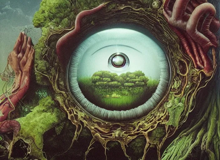 Prompt: a giant floating eye attacking a man in a suburban house garden, fluid, smooth, bright colours, high contrast, sharpness, beautiful, peaceful, very detailed, intricate, volumetric lighting, by giger and corben and moebius and beksinski and bosch and bacon