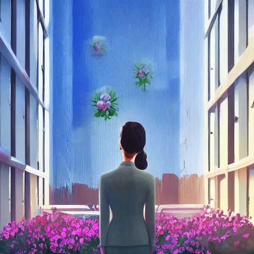 Prompt: huge flower as head, woman in suit standing by tall windows, modernist luxury apartment, surreal photography, sunlight, impressionist painting, digital painting, artstation, simon stalenhag