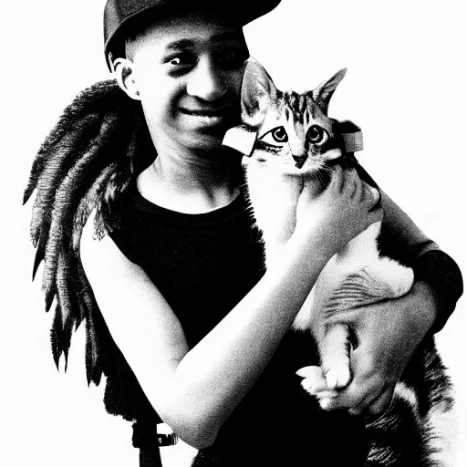 Image similar to storybook illustration of a rapper in 1 9 9 0 new york holding a kitten up to the camera, storybook illustration, monochromatic