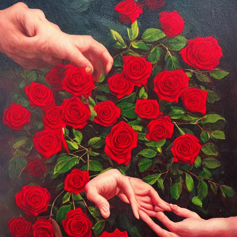 Prompt: a drop of red blood fell from the finger of the woman's hand and falls down a bush with roses, oil painting style,