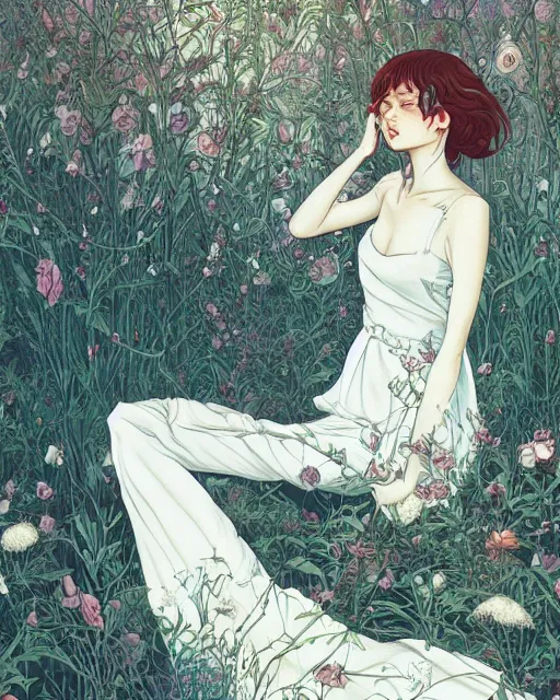 Prompt: a girl in a white dress depressed as she'll ever be, art poster, ambient lighting, detailed, by ayami kojima, makoto shinkai, kilian eng