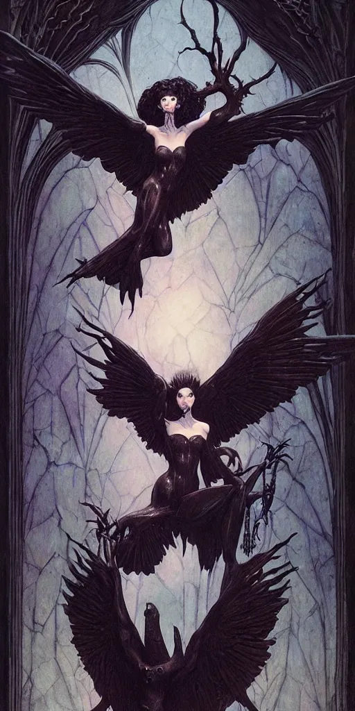 Image similar to raven perched on a bust of beautiful woman in a dark gothic room gothic, full frame, by wayne barlowe, peter mohrbacher, kelly mckernan, james o barr