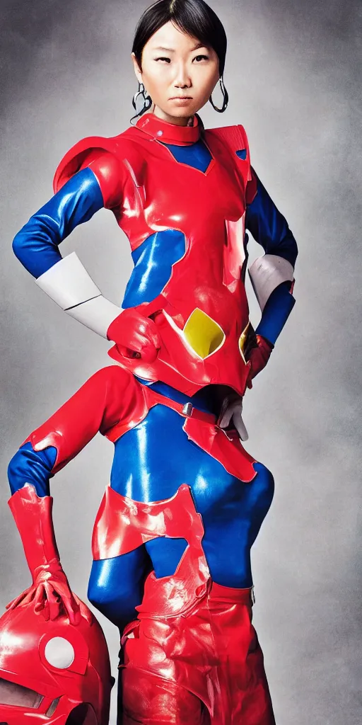 Image similar to portrait of a super sentai woman, editorial photography from vogue magazine, photography