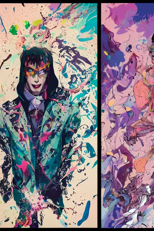 Prompt: diptych portrait wealthy male half necromancer, made of white gucci fabric, pixiv fanbox, dramatic lighting, maximalist pastel color palette, splatter paint, pixar and disney exploded - view drawing, graphic novel by fiona staples and dustin nguyen, peter elson, alan bean, wangechi mutu, clean cel shaded vector art, trending on artstation