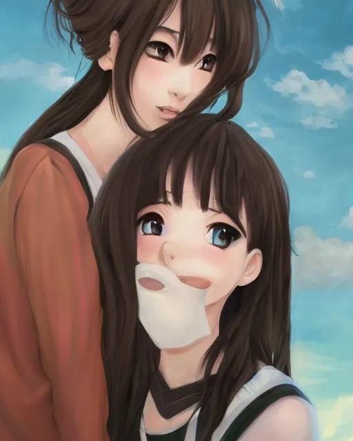 Image similar to portrait of two girls kissing, anime, trending on Artstation