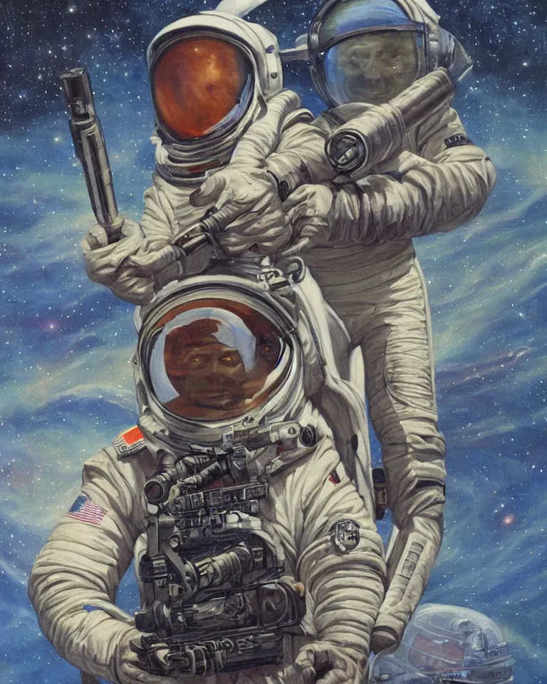 Image similar to a painting of a spaceman holding a rifle, concept art by barclay shaw, featured on deviantart, space art, concept art, sci - fi, cosmic horror