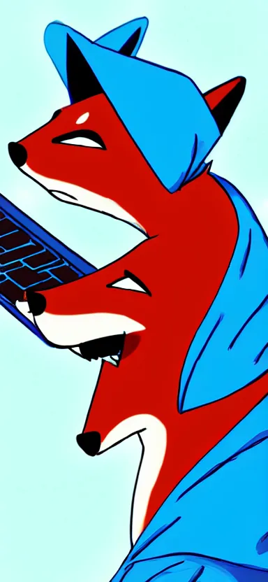 Prompt: an sketch art of anthropomorphic fox in a blue hoodie hacking a portable computer by gainax studio, artstation, digital art, oc commission, high detailed, stylised