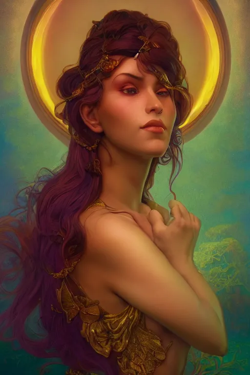 Image similar to portrait of a beautiful sorceress by artgerm, vivid color, complementary color, golden ratio, detailed, sharp lines, sharp focus, intricate, rainbowshift, by maxfield parrish, by peter mohrbacher, by gustave dore, by alphonse mucha, deviantart, octane render