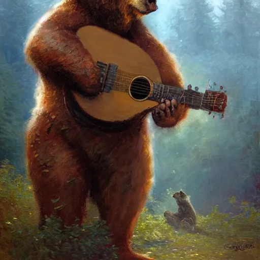 Prompt: realistic bear playing fantastic primitive forms guitar, fantasy character portrait by Greg Rutkowski, Craig Mullins, Gaston Bussiere