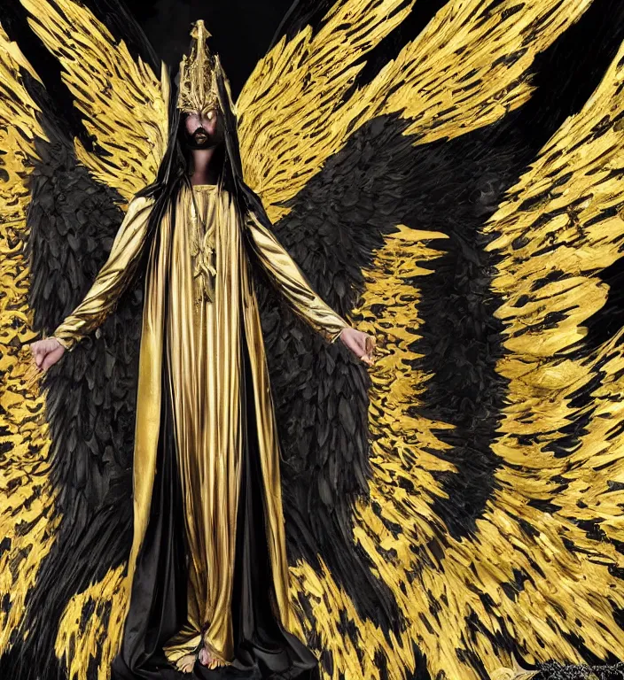 Image similar to full length picture of the angel of death wearing black robes with gold wings in an elaborate cathedral, high octane, 8k, ultra detailed, photorealistic