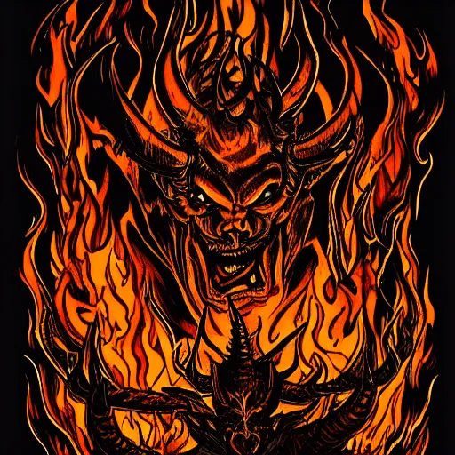Prompt: detailed horned demon in heroic pose, engulfed in flames, ink drawing