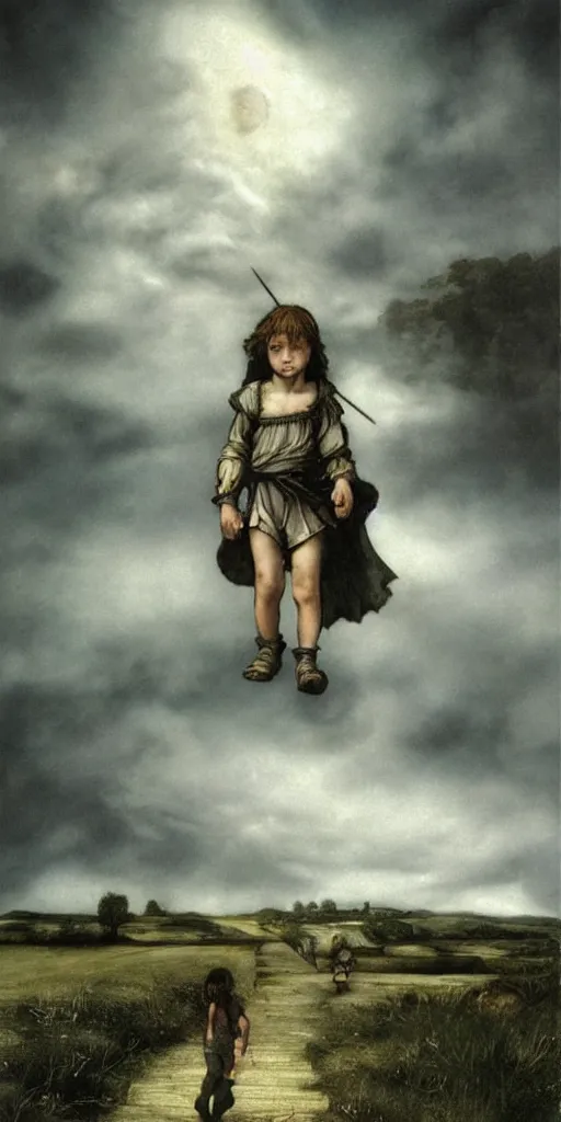 Image similar to a medieval peasant kid walking alone in the night dramatic airbrushed clouds over black background by Luis royo and Caravaggio airbrush fantasy 80s, realistic masterpiece