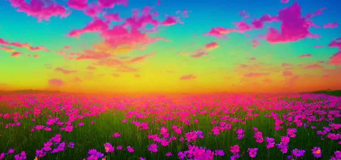 Image similar to an impossible field of beautiful neon colored flowers with a beautiful sunset, vaporwave