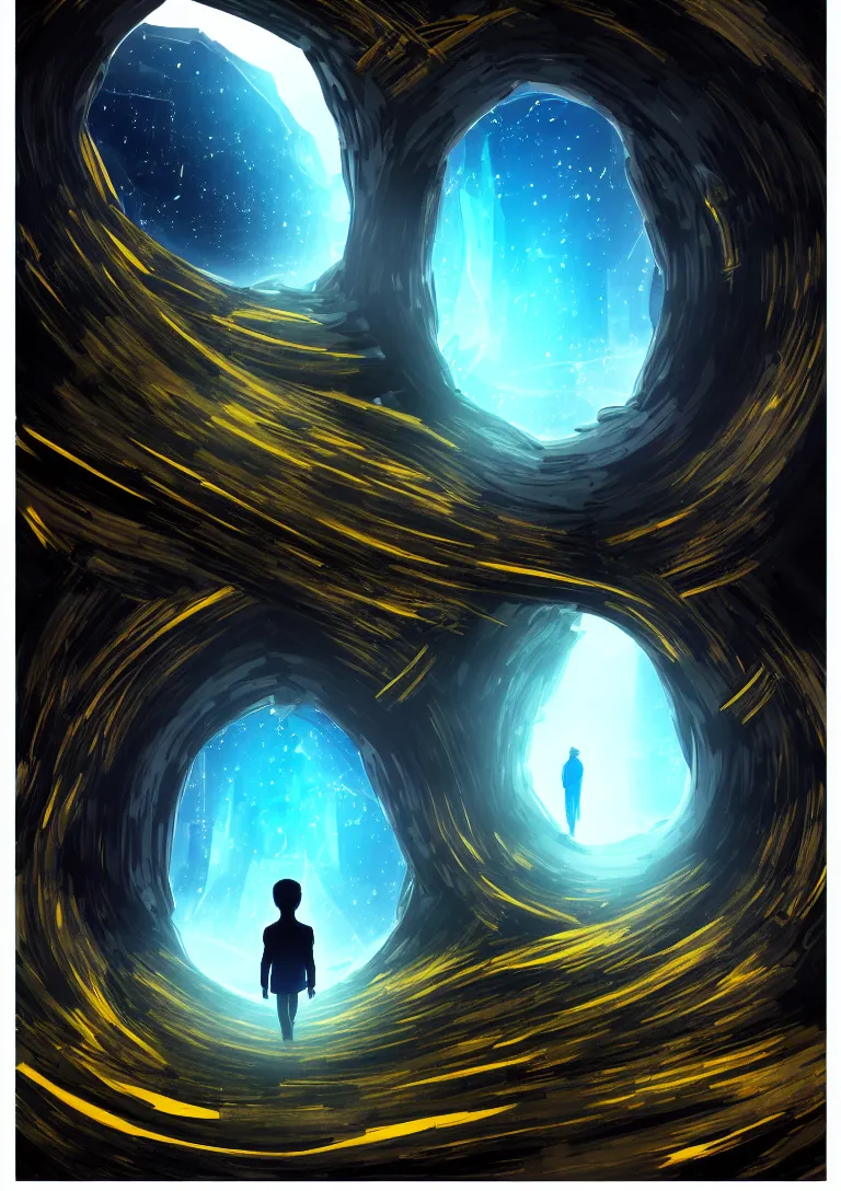 Image similar to The portal into his imagination. High concept art. Introspective. Blue black gold themed.