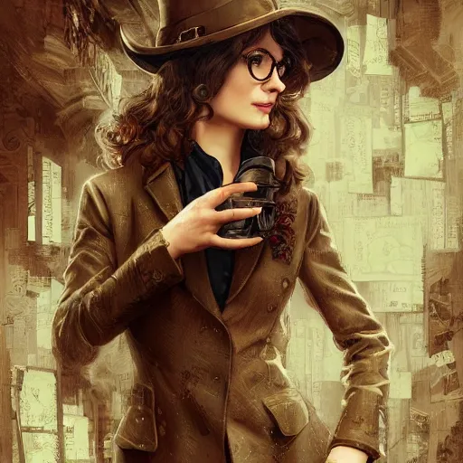 Prompt: portrait of a woman as sherlock Holmes with wavy brown hair and glasses as an epic idea, intricate detail, digital painting, biomechanical, trash polka, raining, sepia, particles floating, whimsical background by marc simonetti, artwork by ross tran + ramond swanland + liam wong