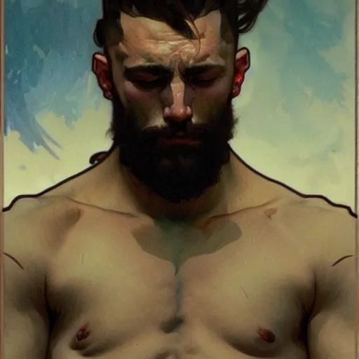 Image similar to portrait of depressed gigachad, male, muscular, handsome D&D, concept art, art by Greg Rutkowski and Alphonse Mucha