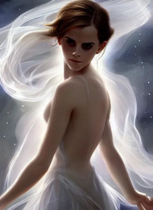 Image similar to emma watson as magic healer celestial, long hair, white and transparent cloth, space, D&D, shiny background, intricate, elegant, highly detailed, digital painting, artstation, concept art, smooth, sharp focus, illustration, artgerm, bouguereau